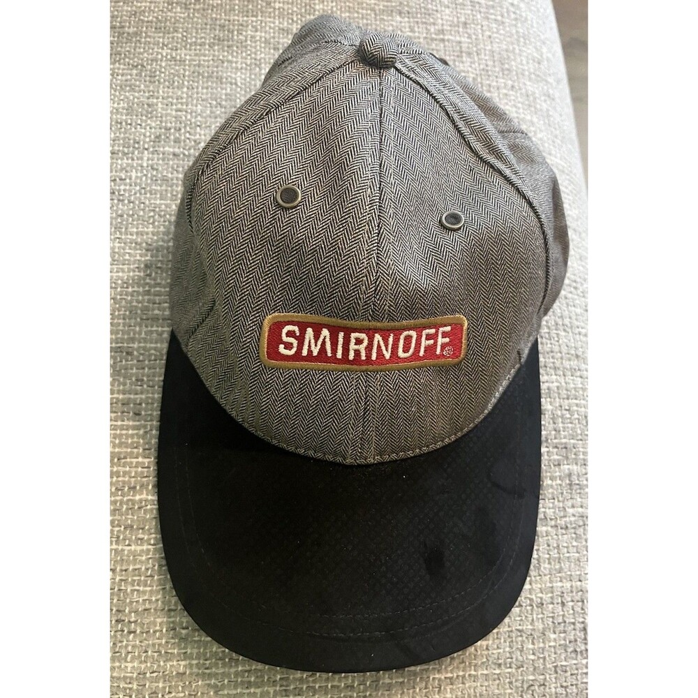 Vtg 90s Smirnoff Hat Gray Herringbone Tweed Black Suede Brim Streetwear Gorpcore